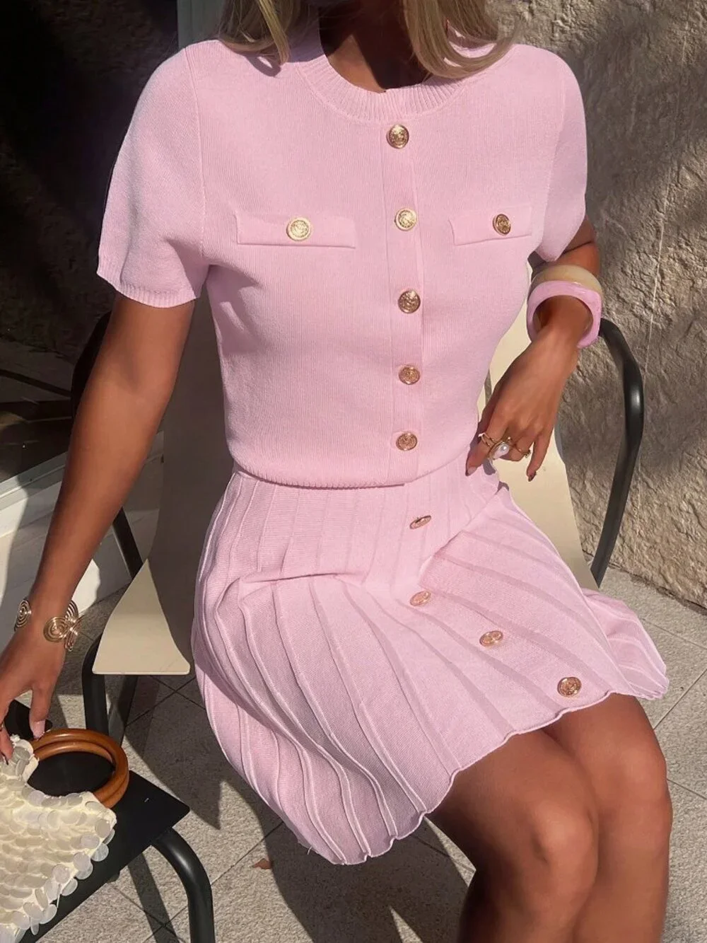 Pink Elegant Women's Short Sleeve Knit Sweater & Pleated Skirt 2-Piece Set